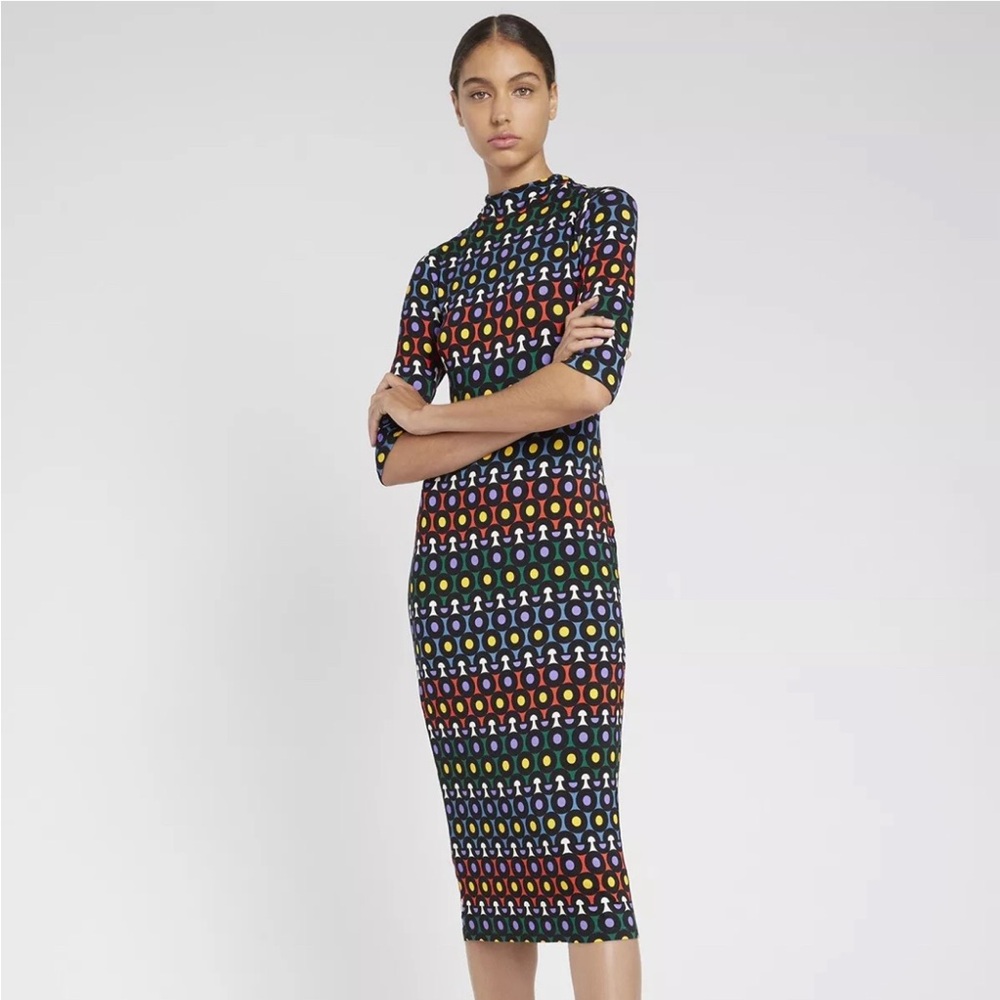 Alice + Olivia Delora Rainbow Dot Geometric Print Fitted Dress Sz 0